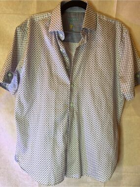 Men's Short-Sleeve Button-Down Shirt in Light Beige Geo Print